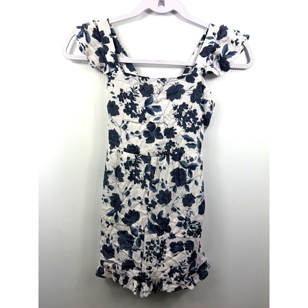 Full Tilt Romper Medium Girls Blue White Floral Ruffle Sleeve Open Back Tillys